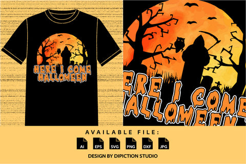 Here I Come Halloween Shirt, Retro Vintage Circle Sunset Shirt, Halloween Scary Man, Grave, Silhouette Shirt Halloween Tree Shirt Print Template SVG Depiction Studio 