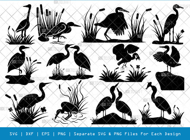 Heron SVG Bundle, Heron Silhouette, Bird Svg, Heron Reeds Svg, Lake Reeds Svg, Water Svg, Black Heron Svg, Animal Svg, Heron Bundle SVG ETC Craft 