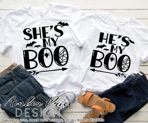 He's My Boo SVG She's My Boo SVG | Couples Halloween SVGs | Siblings Spooky SVG PNG DXF set SVG Amber Price Design 