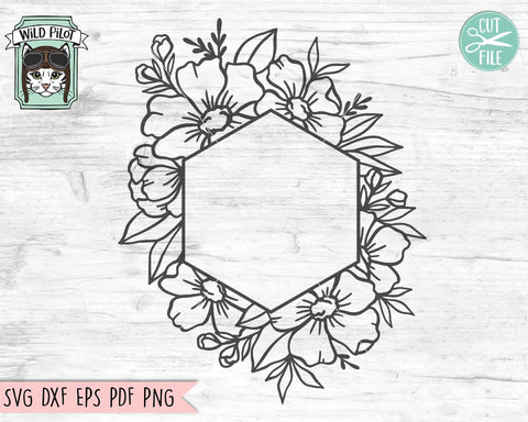 Hexagon Floral Monogram Frame SVG Cut File SVG Wild Pilot 