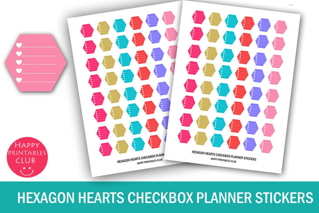 Hexagon Hearts Checkbox Planner Stickers- Valentine Stickers SVG Happy Printables Club 