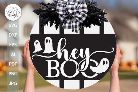 Hey Boo Ghost SVG Halloween Round Design With Ghosts SVG Design For Door Hanger With Ghosts For Halloween Ghost Design For Front Door SVG SVG Diva Watts Designs 