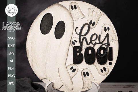 Hey Boo Laser Sign SVG For Halloween Door Hanger Ghost SVG Ghosts For Front Door Sign Welcome Halloween Door Hanger With Ghosts SVG SVG Diva Watts Designs 
