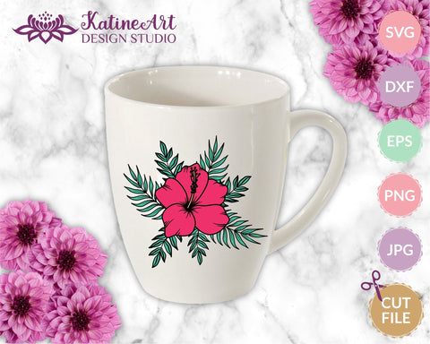 Hibiscus flower with palm tree leaves svg cut file, tropical floral clipart SVG KatineArt 