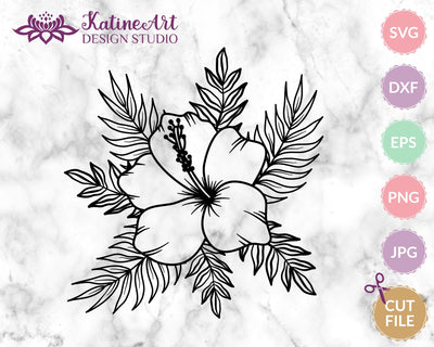 Hibiscus flower with palm tree leaves svg cut file, tropical floral clipart SVG KatineArt 