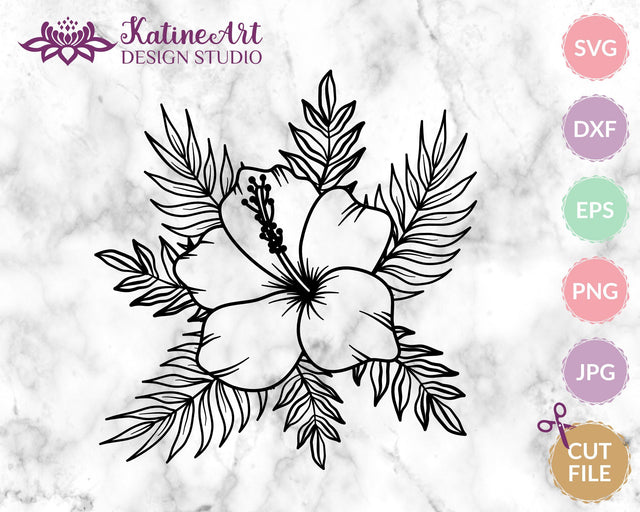Hibiscus flower with palm tree leaves svg cut file, tropical floral clipart SVG KatineArt 