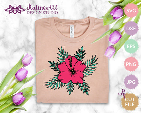 Hibiscus flower with palm tree leaves svg cut file, tropical floral clipart SVG KatineArt 