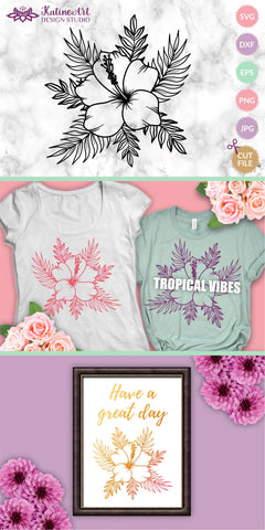 Hibiscus flower with palm tree leaves svg cut file, tropical floral clipart SVG KatineArt 