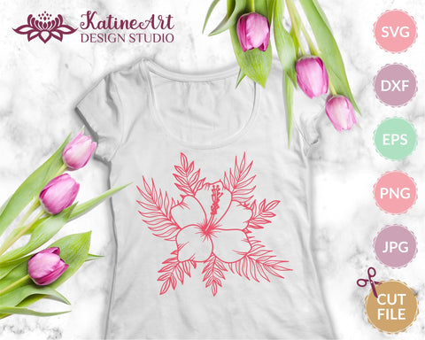 Hibiscus flower with palm tree leaves svg cut file, tropical floral clipart SVG KatineArt 