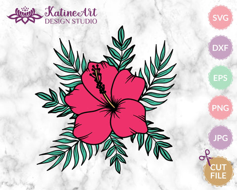 Hibiscus flower with palm tree leaves svg cut file, tropical floral clipart SVG KatineArt 