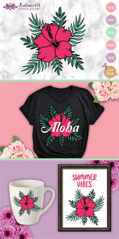 Hibiscus flower with palm tree leaves svg cut file, tropical floral clipart SVG KatineArt 