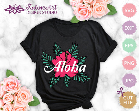 Hibiscus flower with palm tree leaves svg cut file, tropical floral clipart SVG KatineArt 