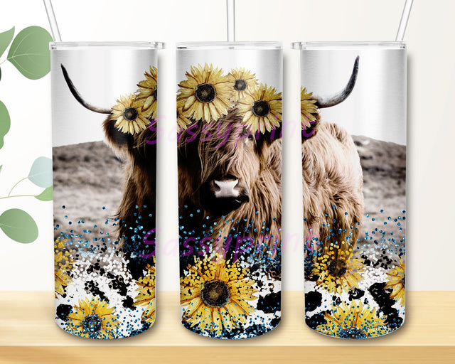 Highland Bull Sunflowers 20oz Skinny Tumbler Sublimation Designs, Highland Cow Tumbler Wrap PNG Sublimation sassyprint 