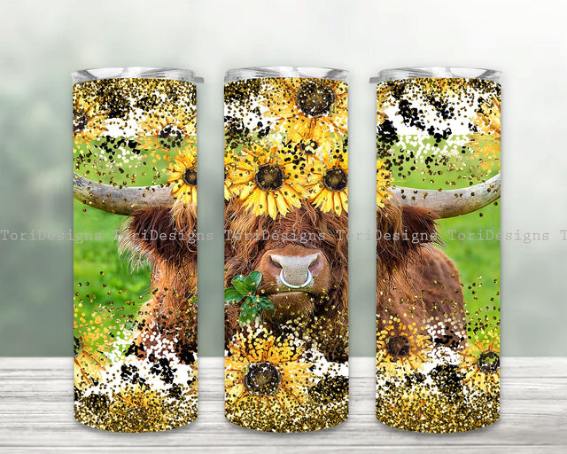 Highland Bull Sunflowers Wrap, Sunflowers Western Tumbler 20 oz Skinny Tumbler for Straight/Tapered Tumbler PNGDigital Download Sublimation ToriDesigns 