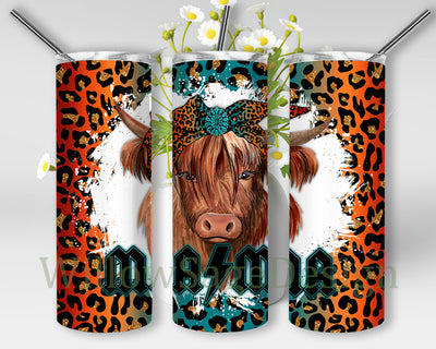 Highland Cow 20 oz Skinny Tumbler, Highland Cow Gemstone Design Png, Mama Leopard Neon Glitter Tumbler Wrap, Western Sublimation Design, Instant Download Sublimation WillowSageDesign 