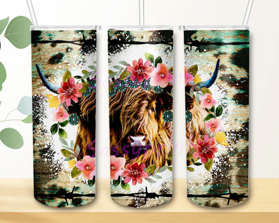 Highland Cow 20 oz Skinny Tumbler Highland Cow Wood Turquoise Flowers Sublimation Design PNG Sublimation sassyprint 