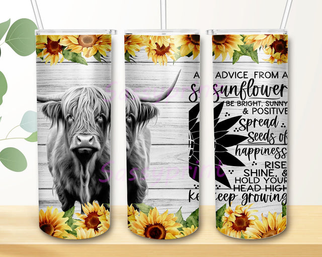 Highland Cow 20 oz Skinny Tumbler Sublimation Design Straight Tumbler Wrap Digital Download PNG, Sunflower Design Sublimation sassyprint 