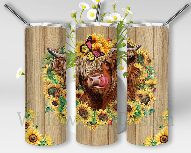 Highland Cow 20oz Skinny Tumbler, Cow Sunflowers Tumbler Design, Western Cow Tumbler Png, Highland Cow Sublimation Design, Digital Download Sublimation WillowSageDesign 