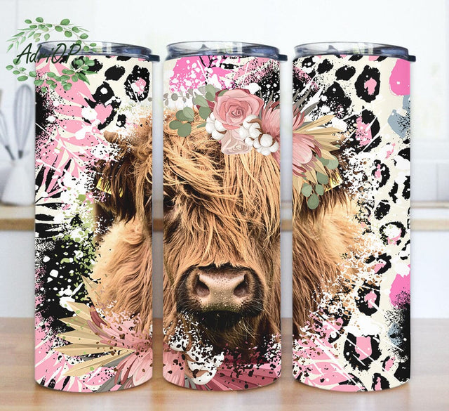 Highland Cow 20oz Skinny Tumbler, Leopard Tumbler Wrap, Cow Floral Tumbler Png, Cow Sublimation Design, Digital Download Sublimation AdriOP 