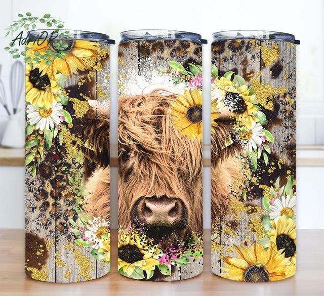 Highland Cow 20oz Skinny Tumbler Png, Cowgirl Bull Western Tumbler, Leopard Sunflower Tumbler, Highland Cow With Sunflowers Tumbler, Watercolor Flowers Png Sublimation AdriOP 