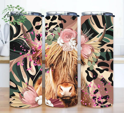 Highland Cow 20oz Skinny Tumbler Png, Glitter Cowgirl Bull, Western Seamless Floral Country Png, Flower Tumbler, Floral Highland Cow Tumbler Sublimation AdriOP 