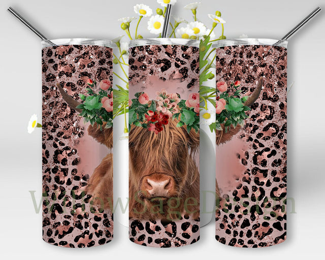 Highland Cow 20oz Skinny Tumbler Png, Pink Leopard Tumbler, Leopard Glitter Tumbler, Western Sublimation Designs, Highland Cow, Leopard Print, Digital Download Sublimation WillowSageDesign 