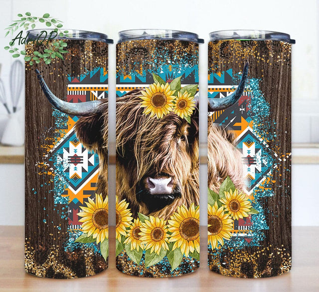 Highland Cow 20oz Tumbler Design, Highland Cow Sunflower Tumbler Png, Aztec Cow Tumbler Wrap, Western Cow Tumbler Png, Instant Download Sublimation AdriOP 