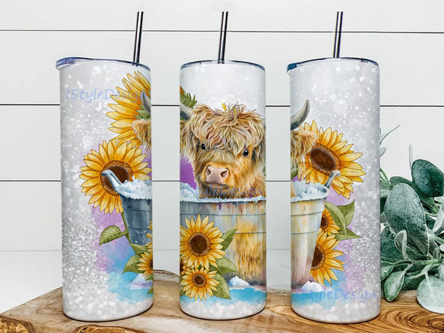 Highland Cow 20oz Tumbler Design Png, Baby Highland Cow In a Bucket Tumbler, Western Sublimation Designs, Highland Cow And Sunflowers Tumbler Sublimation iStyleDesign 