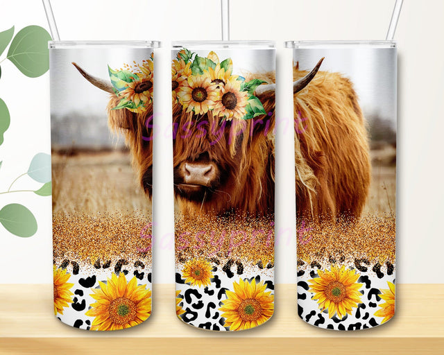 Highland Cow 20oz Tumbler Png, Cow Sunflower Tumbler Design, Leopard Sunflower Glitter Tumbler Wrap, Western Cow Tumbler With Lid and Straw, Instantr Download Sublimation sassyprint 