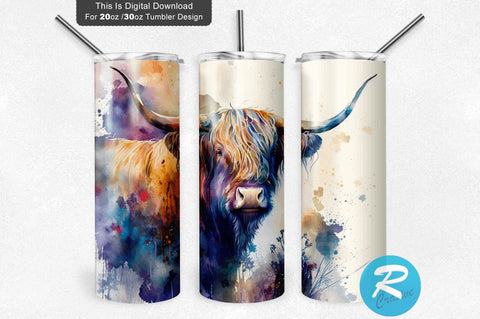 Highland Cow Alcohol Ink 20 oz / 30 oz Skinny Tumbler Sublimation Regulrcrative 
