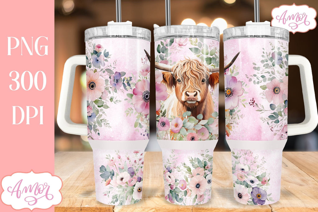Highland cow and flowers 40 oz tumbler PNG for sublimation - So Fontsy