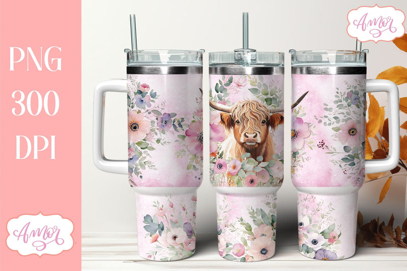 Highland cow and flowers 40 oz tumbler PNG for sublimation - So Fontsy