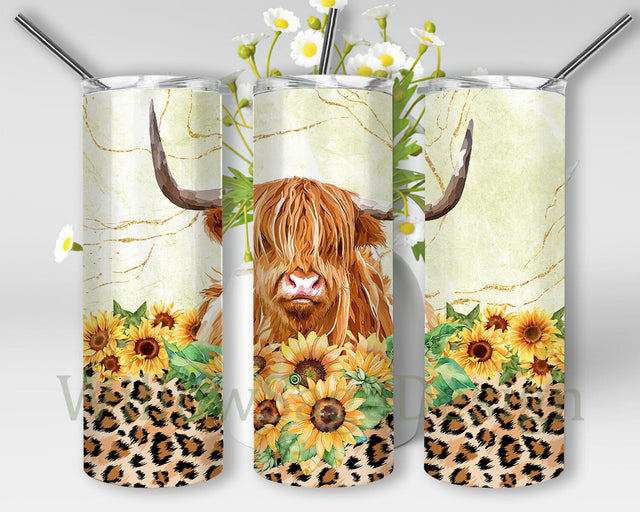 Highland Cow And Leopard Sunflowers 20oz Skinny Tumbler Png, Western Tumbler, Leopard Cow Tumbler, Western Sublimation Designs Sublimation WillowSageDesign 