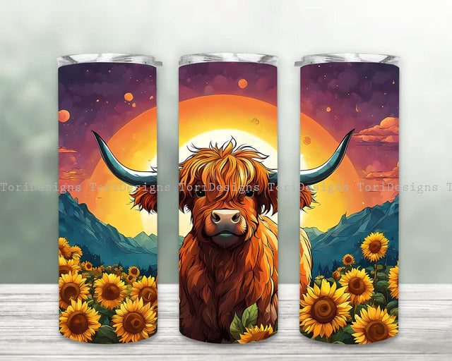 Highland Cow and Sunflower 20oz Skinny Tumbler Sublimation Design Digital Download PNG Sublimation ToriDesigns 