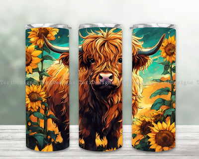 Highland Cow and Sunflower 20oz Skinny Tumbler Sublimation Design Digital Download PNG Sublimation ToriDesigns 
