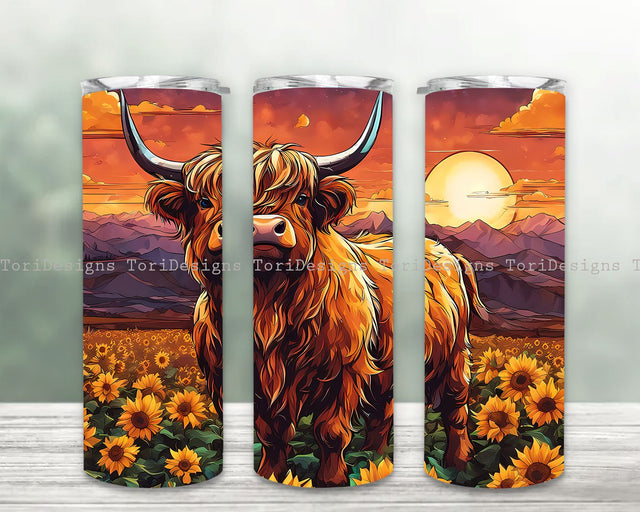 Highland Cow and Sunflower 20oz Skinny Tumbler Sublimation Design Digital Download PNG Sublimation ToriDesigns 
