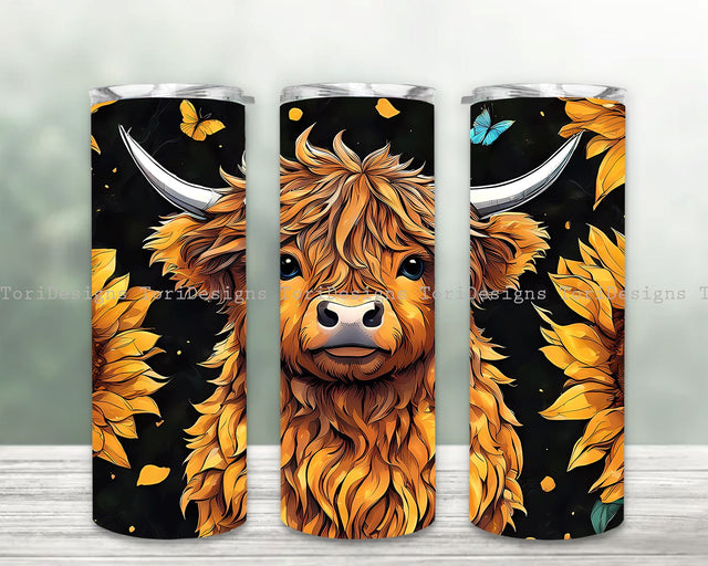 Highland Cow and Sunflower 20oz Skinny Tumbler Sublimation Design Digital Download PNG Sublimation ToriDesigns 