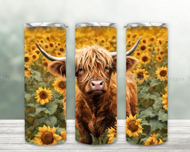 Highland Cow and Sunflower 20oz Skinny Tumbler Sublimation Design Digital Download PNG Sublimation ToriDesigns 