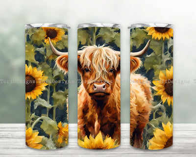Highland Cow and Sunflower 20oz Skinny Tumbler Sublimation Design Digital Download PNG Sublimation ToriDesigns 