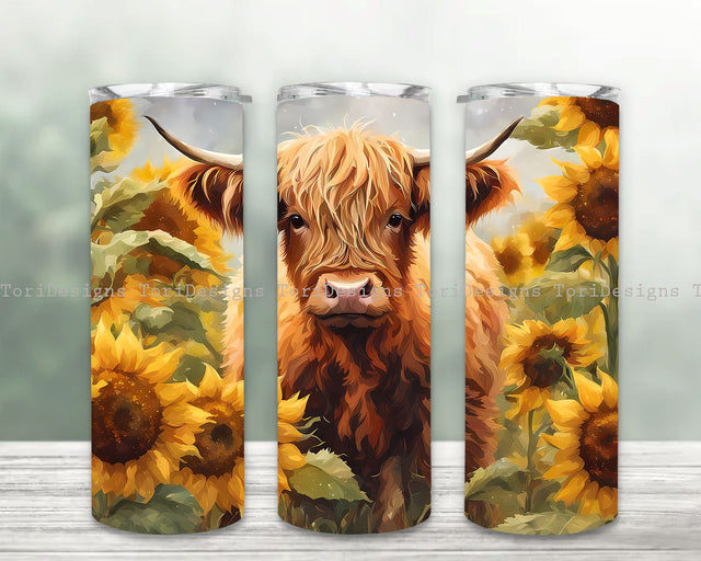 Highland Cow and Sunflower 20oz Skinny Tumbler Sublimation Design Digital Download PNG Sublimation ToriDesigns 