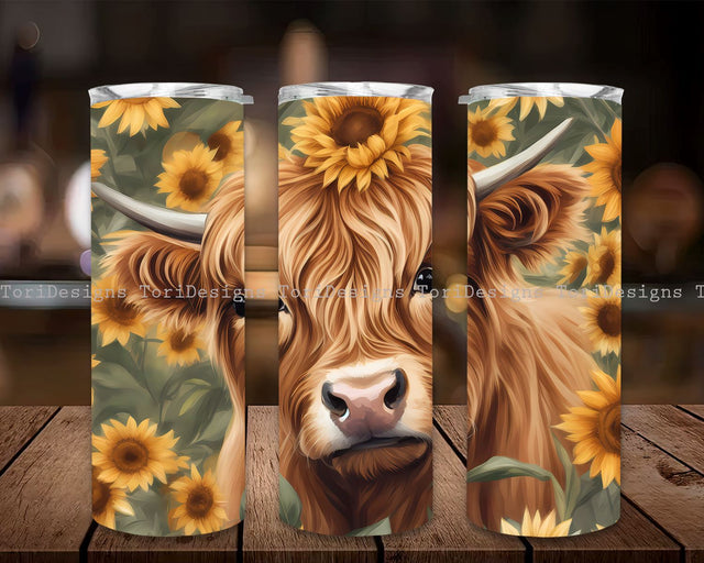Highland Cow And Sunflowers, Baby Highland Cow in a Bucket Tumbler Wrap Highland Cow Sunflowers, Alcohol Ink Cute Baby Highland Cow and Sunflower 20oz Skinny Tumbler Sublimation Design Digital Download PNG Neon Rainbow Cow Skinny Tumbler Sublimation ToriDesigns 