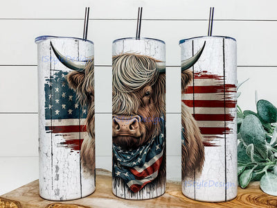 Highland Cow And USA Flag 20oz Skinny Tumbler Png, Patriotic Animal With Bandana Png, American Flag Tumbler, 4th Of July Png Sublimation iStyleDesign 