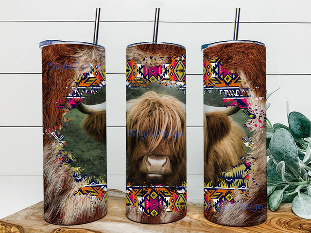 Highland Cow Aztec Tumbler Png, Western Cow 20oz Skinny Tumbler, Cowhide Tumbler Wrap, Highland Cow Sublimation Design, Digital Download Sublimation iStyleDesign 