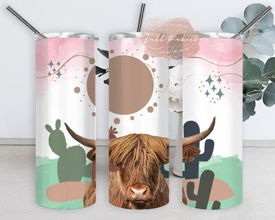 Highland Cow Boho Abstract 20oz Skinny Tumbler, Boho Desert Tumbler Wrap, Boho Cactus Design Png, Boho Sublimation Design, Instant Download Sublimation Rabbitmakies 