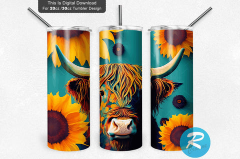Highland Cow Colored Sunflowers 20 oz / 30 oz Skinny Tumbler Sublimation Regulrcrative 