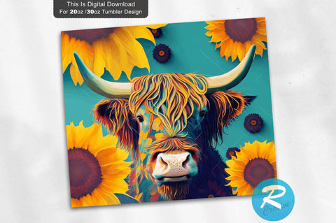 Highland Cow Colored Sunflowers 20 oz / 30 oz Skinny Tumbler Sublimation Regulrcrative 