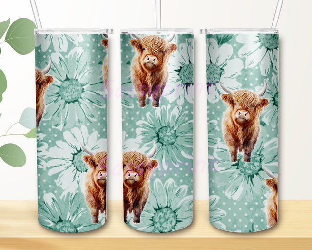 Highland Cow Daisy 20oz Skinny Tumbler Png, Highland Cow Gifts, Floral Daisies Highland Cow Tumbler With Straw, Boho Flowers, Cow Lover, Country Life, Farm Life Sublimation sassyprint 