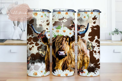 Highland Cow Daisy Butterfly 20oz Skinny Tumbler, Highland Cow Flowers 20 oz Skinny Tumbler Sublimation Design Sublimation Rabbitmakies 