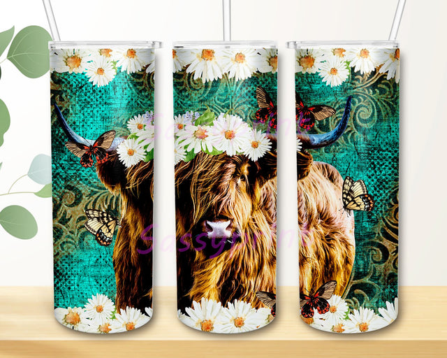 Highland Cow Daisy Butterfly 20oz Skinny Tumbler, Highland Cow Tumbler Png, 20oz Skinny Tumbler Sublimation Designs Western PNG File, Highland Cow, Cowhide Tumbler, Tumbler Design Png Sublimation sassyprint 
