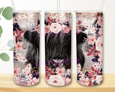 Highland Cow Design Tumbler, Highland Cow 20oz Skinny Tumbler, Floral Glitter Tumbler Wrap, Western Cow Tumbler Pmg, Digital Download Sublimation sassyprint 